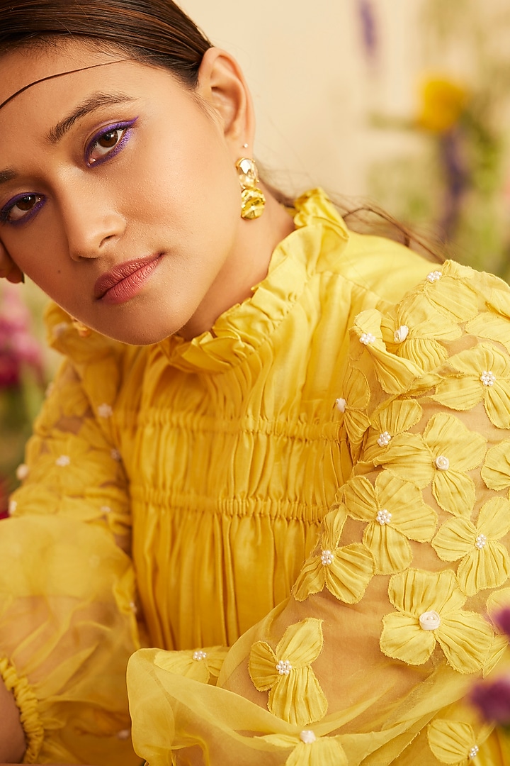 Yellow Chanderi Embroidered Ruched Cocktail Dress by Chandrima at Pernia's Pop Up Shop