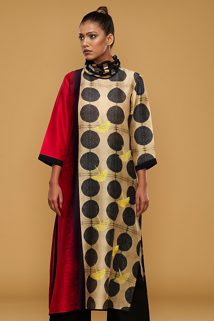 Red & Cream Blended Silk Printed Tunic Set by TAIKA by Poonam Bhagat at Pernia's Pop Up Shop