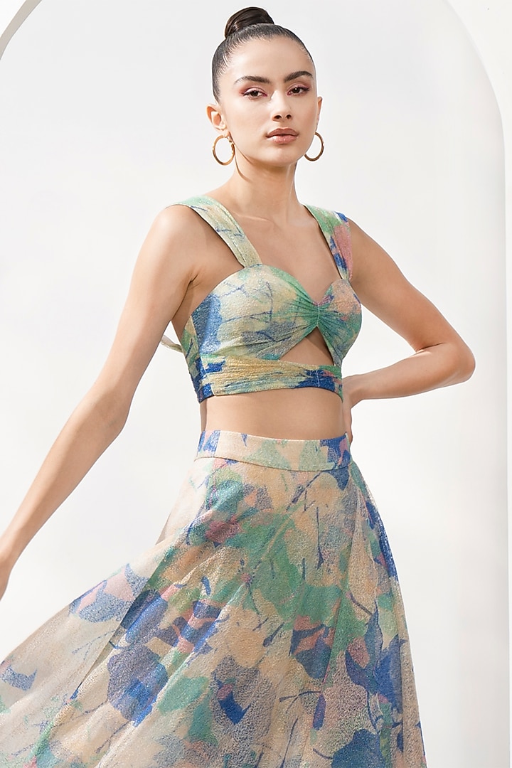 Mystic Green Mesh Lurex Printed Skirt Set by Mandira Wirk - Resort at Pernia's Pop Up Shop