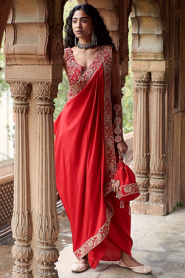 Red Silk Draped Skirt Set by Pink City By Sarika