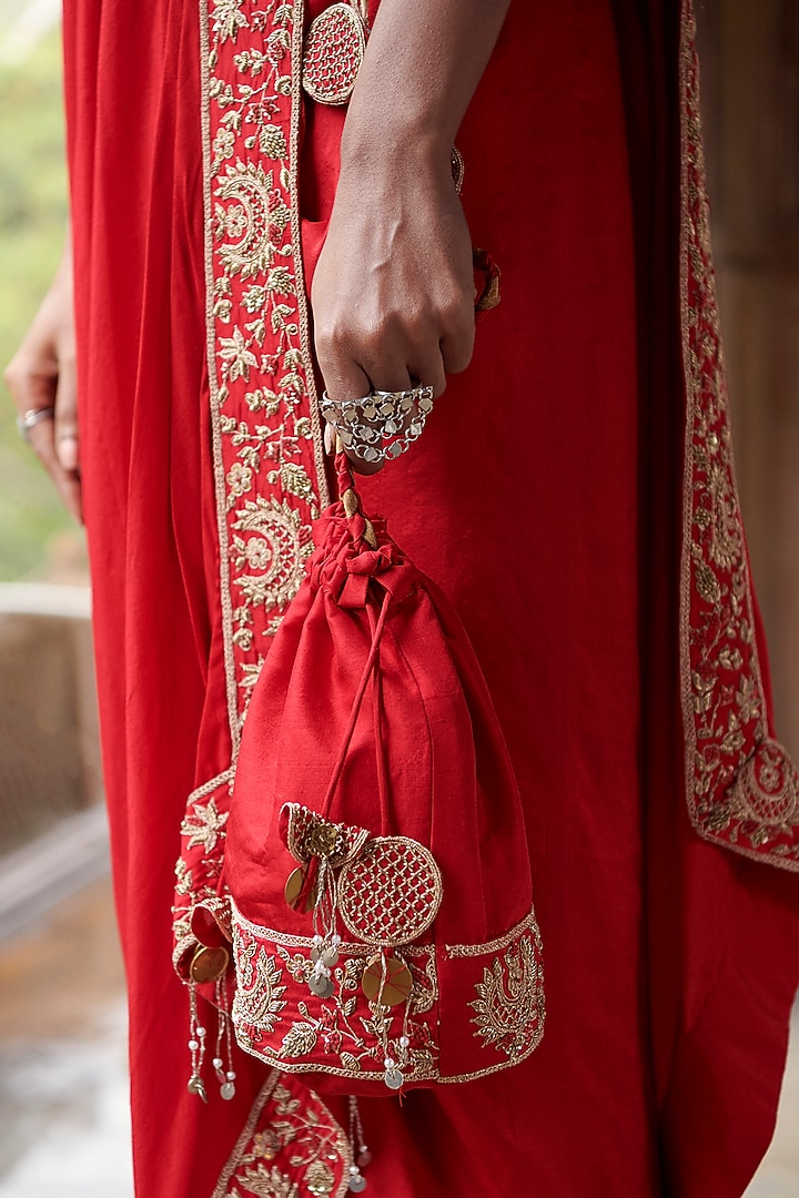 Red Silk Draped Skirt Set by Pink City By Sarika at Pernia's Pop Up Shop