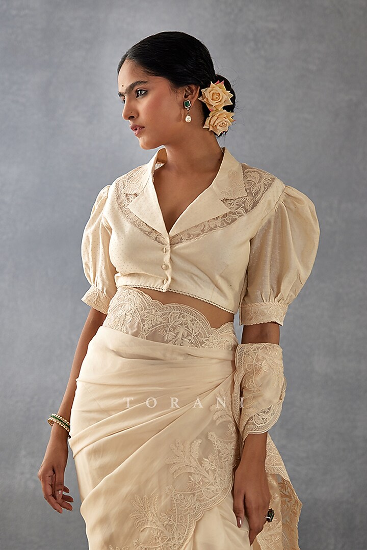 Beige Silk Organza Hand Embroidered Reception Saree Set by TORANI at Pernia's Pop Up Shop