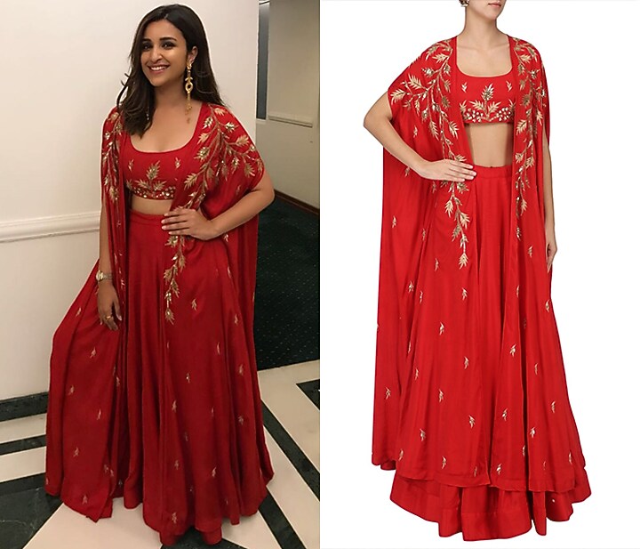Red lehenga and embroidered cape set available only at Pernia's Pop Up Shop.