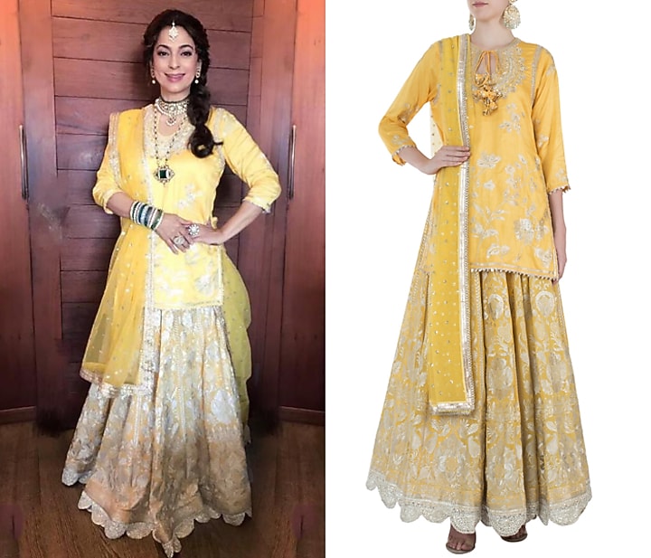Yellow embroidered kurta with lehenga skirt set available only at Pernia's Pop Up Shop.