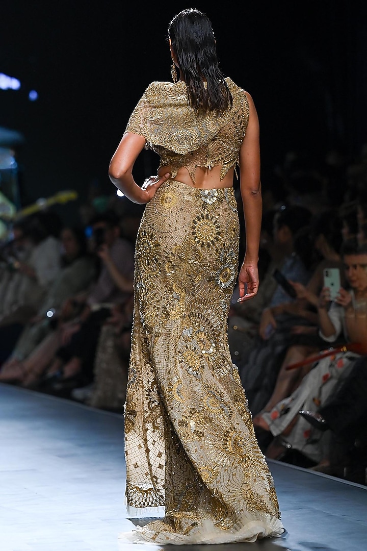 Golden Nylon & Viscose Abstract Motif Embroidered Fish-Cut Skirt Set by Geisha Designs at Pernia's Pop Up Shop