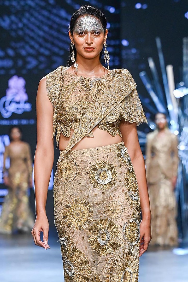 Golden Nylon & Viscose Abstract Motif Embroidered Fish-Cut Skirt Set by Geisha Designs at Pernia's Pop Up Shop