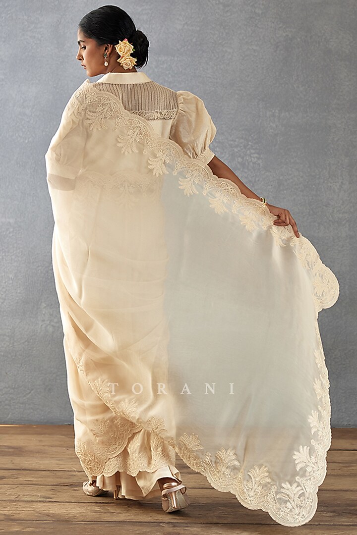 Beige Silk Organza Hand Embroidered Reception Saree Set by TORANI at Pernia's Pop Up Shop