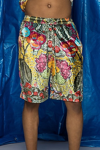 Forest Green Velvet Printed Shorts by Doh Tak Keh Men