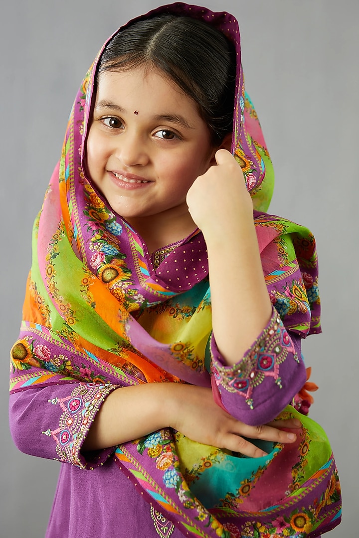 Plum Purple Hand & Machine Embroidered Kurta Set For Girls by Torani Kids at Pernia's Pop Up Shop