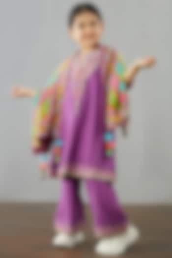 Plum Purple Hand & Machine Embroidered Kurta Set For Girls by Torani Kids at Pernia's Pop Up Shop