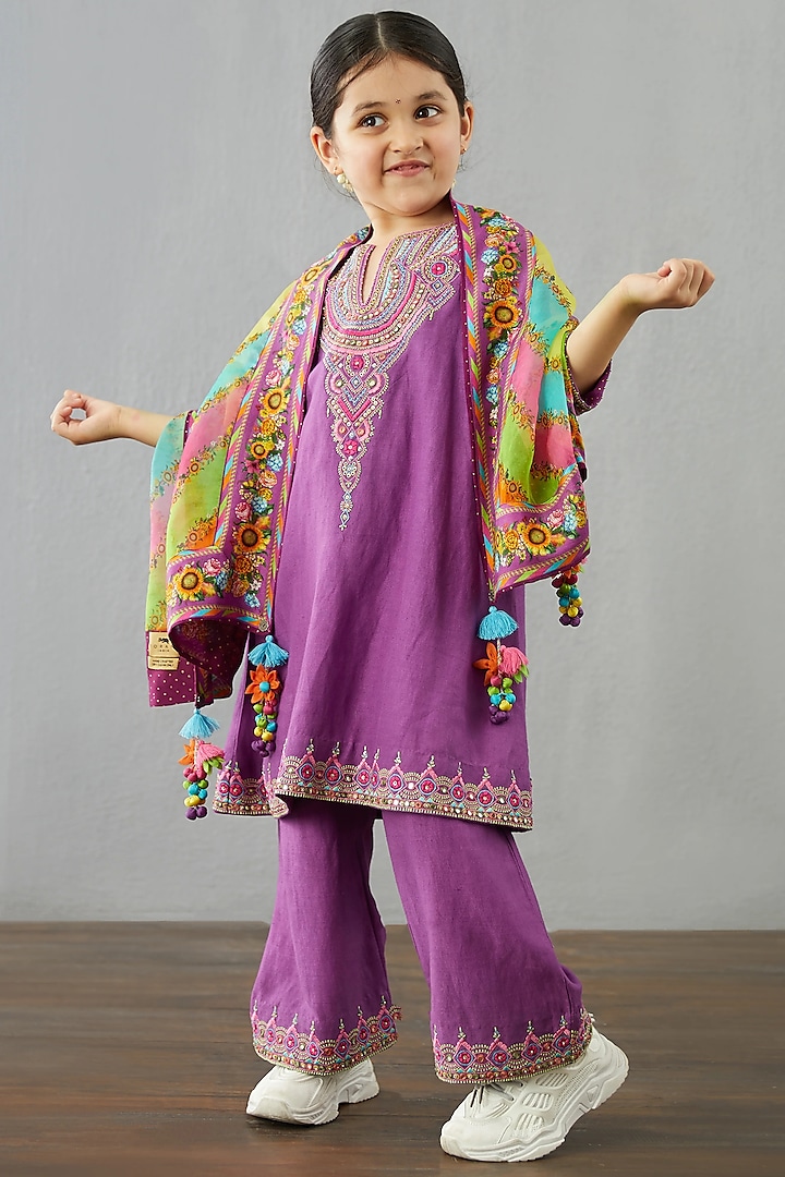 Plum Purple Hand & Machine Embroidered Kurta Set For Girls by Torani Kids at Pernia's Pop Up Shop