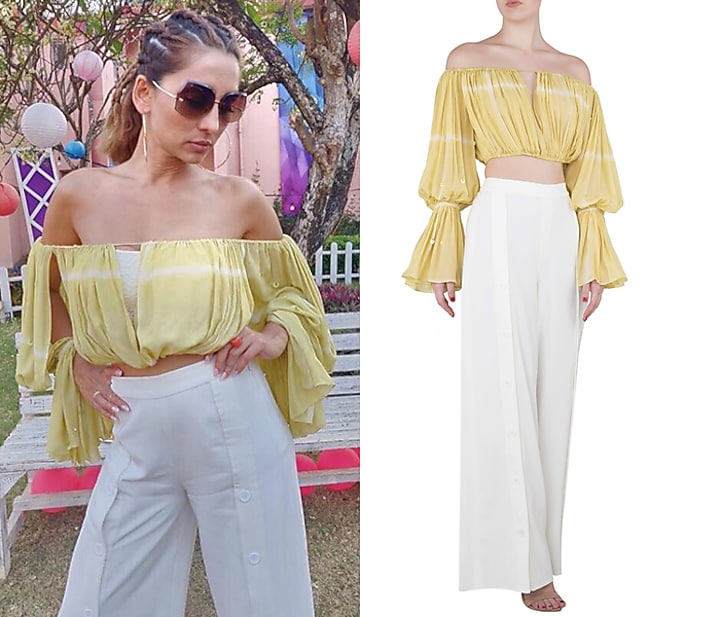 Iris yellow textured crop top with thigh high slit pants available only at Pernia's Pop Up Shop.