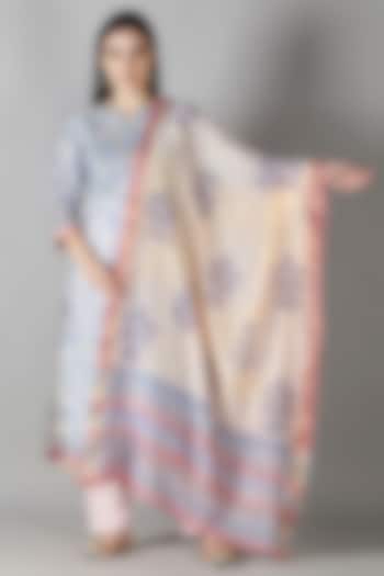 Blue Silk & Cotton Floral Printed Kurta Set by Sheeshakari at Pernia's Pop Up Shop