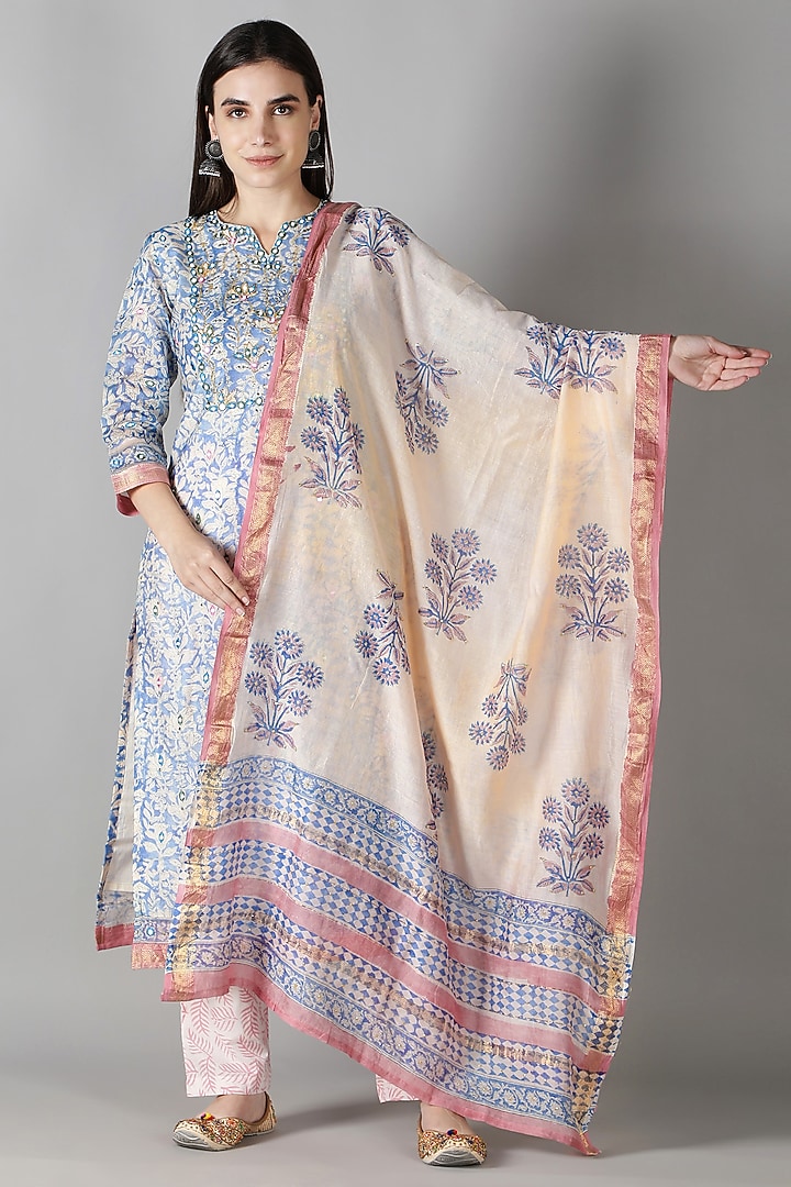 Blue Silk & Cotton Floral Printed Kurta Set by Sheeshakari at Pernia's Pop Up Shop