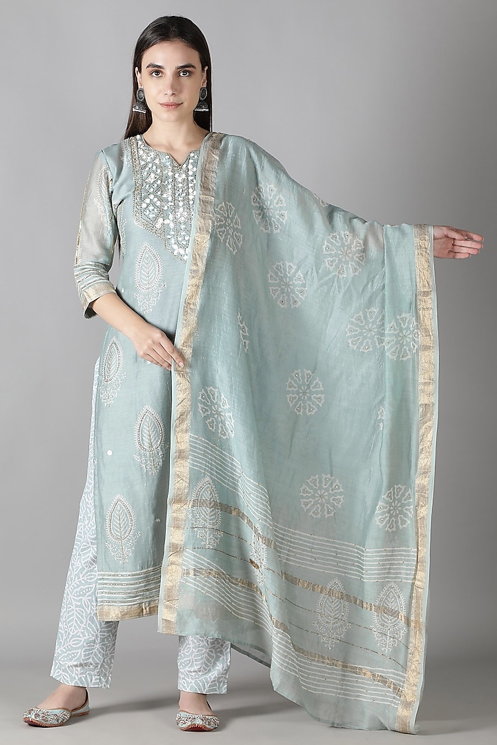 Metallic Grey Silk & Cotton Printed Kurta Set by Sheeshakari at Pernia's Pop Up Shop