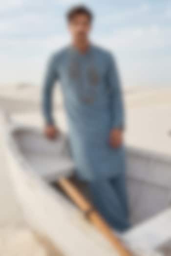 Turquoise Knit Embroidered Kurta Set by AMIT ARORA at Pernia's Pop Up Shop