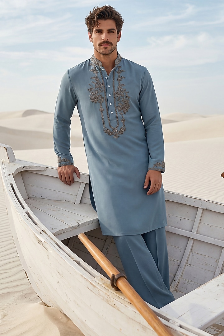 Turquoise Knit Embroidered Kurta Set by AMIT ARORA at Pernia's Pop Up Shop