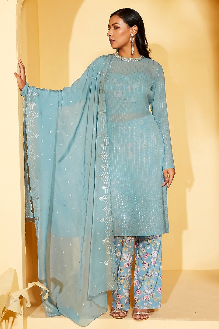Light Blue Georgette & Satin Sequins Embroidered Kurta Set by Suruchi Parakh at Pernia's Pop Up Shop