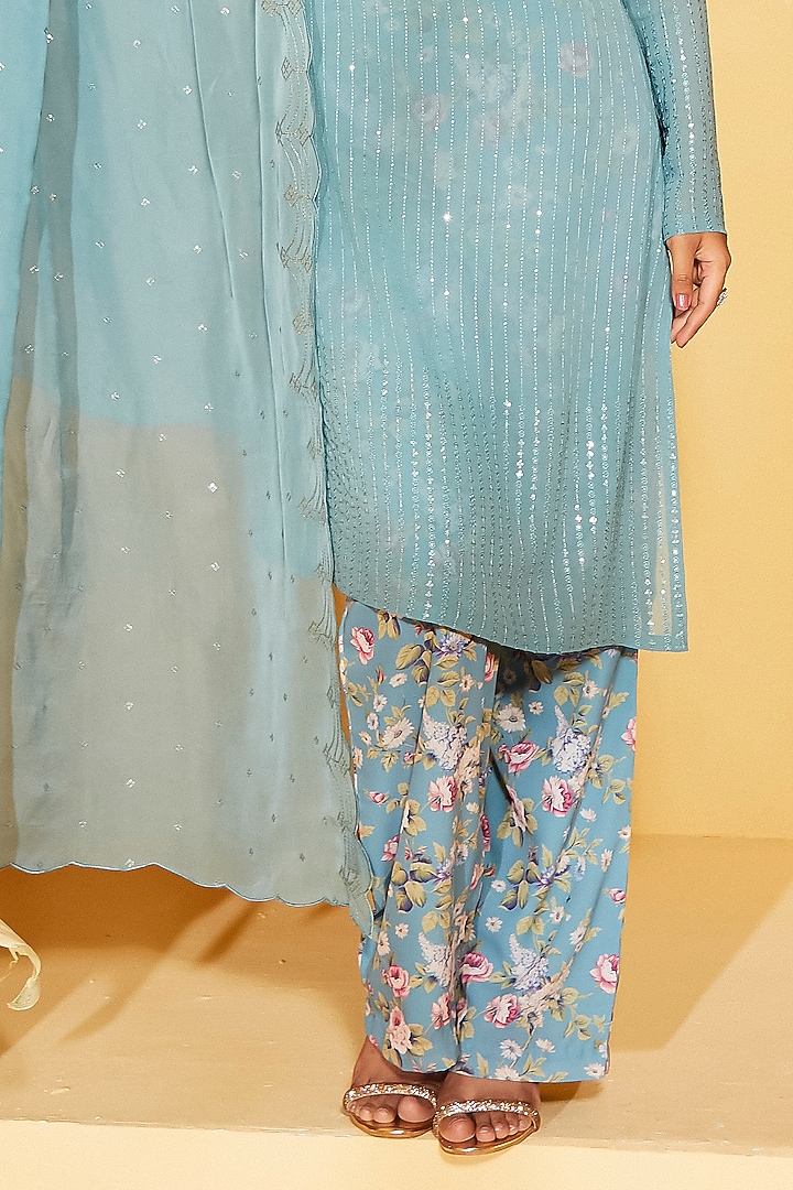 Light Blue Georgette & Satin Sequins Embroidered Kurta Set by Suruchi Parakh at Pernia's Pop Up Shop
