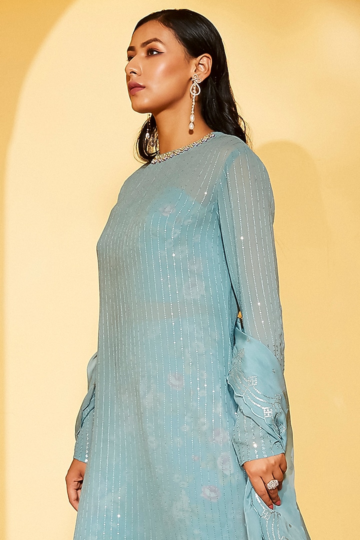 Light Blue Georgette & Satin Sequins Embroidered Kurta Set by Suruchi Parakh at Pernia's Pop Up Shop
