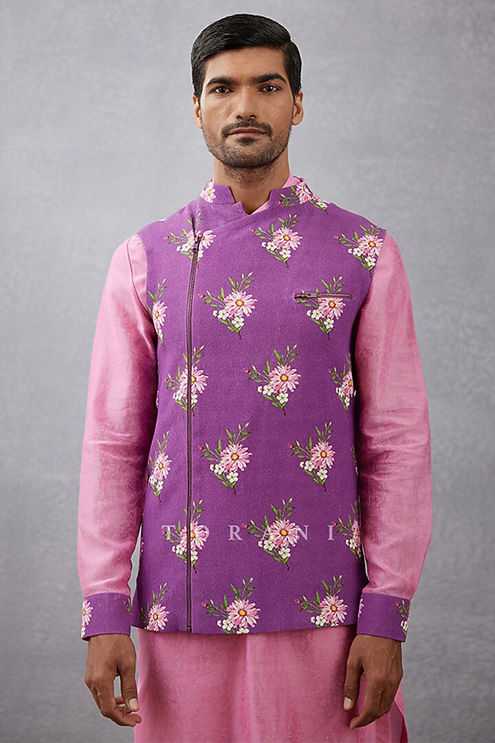 Violet Cotton Silk & Silk Crepe Digital Printed Bundi Set by Torani Men at Pernia's Pop Up Shop