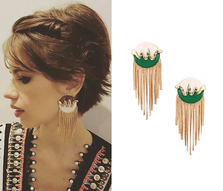 Rose gold finish blue and green top metal tassel earrings available only at Pernia's Pop Up Shop.