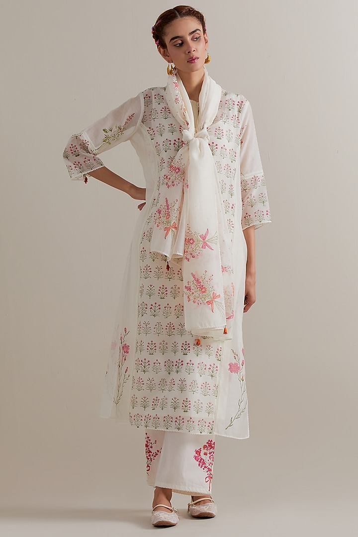 Off-White Cotton Chanderi Hand Block Printed Kurta Set by Kora at Pernia's Pop Up Shop