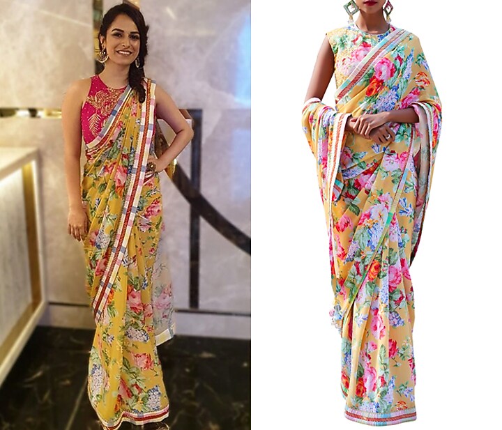 Ochre Yellow Embroidered Printed Wedding Saree Set by Nikasha at Pernia's Pop Up Shop