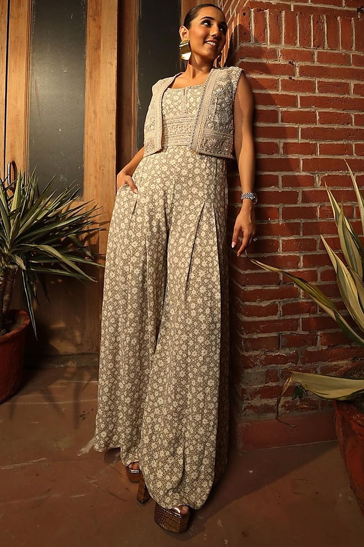 Oyster Printed & Embroidered Jumpsuit by Tarun Tahiliani