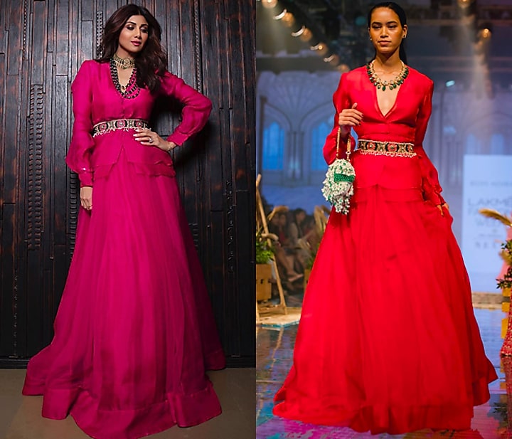 Pink V-Neck Shirt With Wedding Lehenga Skirt by Ridhi Mehra at Pernia's Pop Up Shop