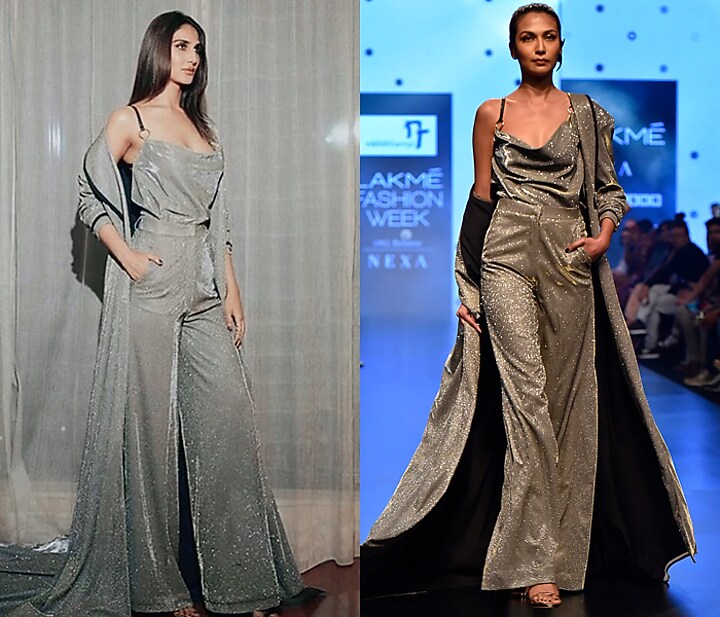 Silver Shimmery Draped Crop Top With Pants & Oversized Jacket by Nikhil Thampi at Pernia's Pop Up Shop