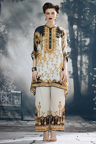 Black & Gold Modal Satin Printed Pants by Rajdeep Ranawat