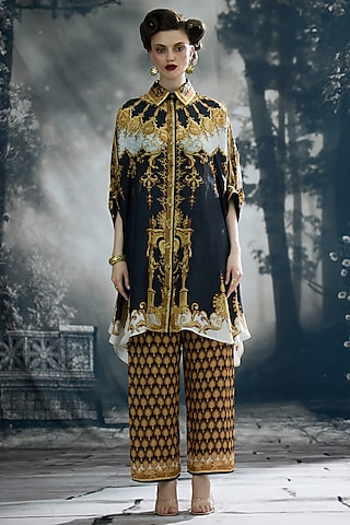 Black & Gold Modal Satin Printed Pants by Rajdeep Ranawat
