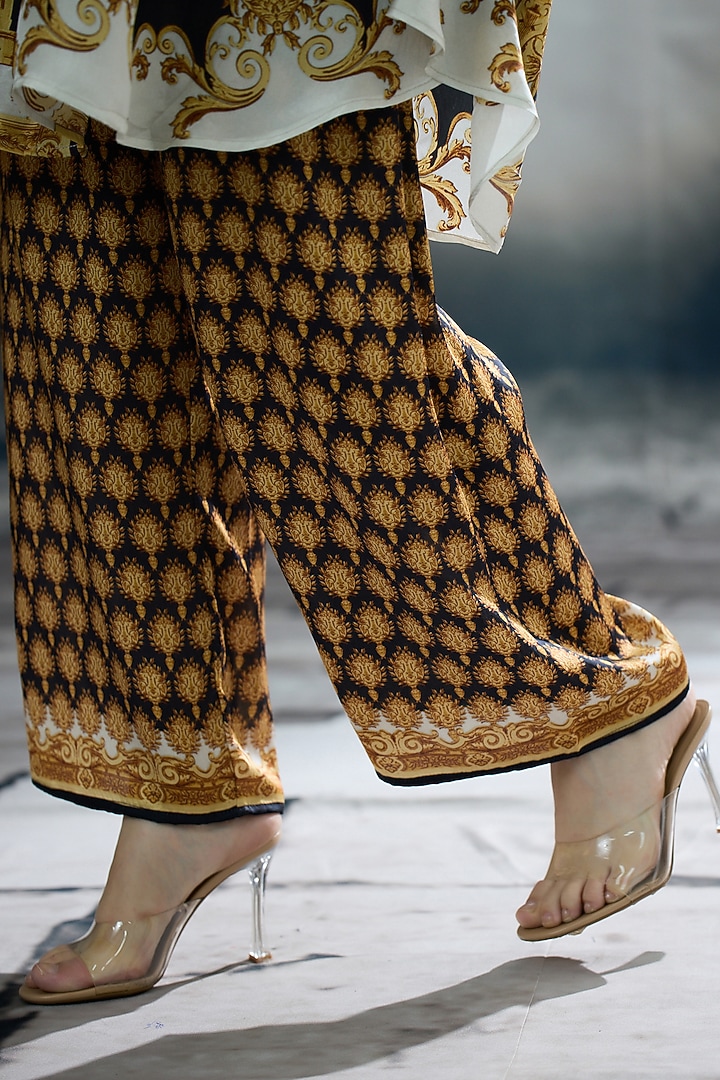 Black & Gold Modal Satin Printed Pants by Rajdeep Ranawat at Pernia's Pop Up Shop