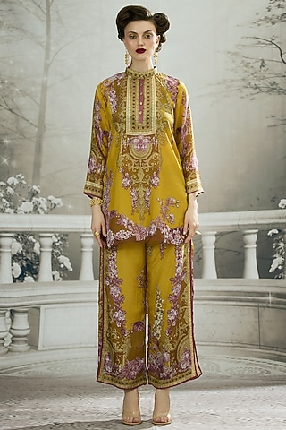 Mustard Modal & Silk Printed Pants by Rajdeep Ranawat