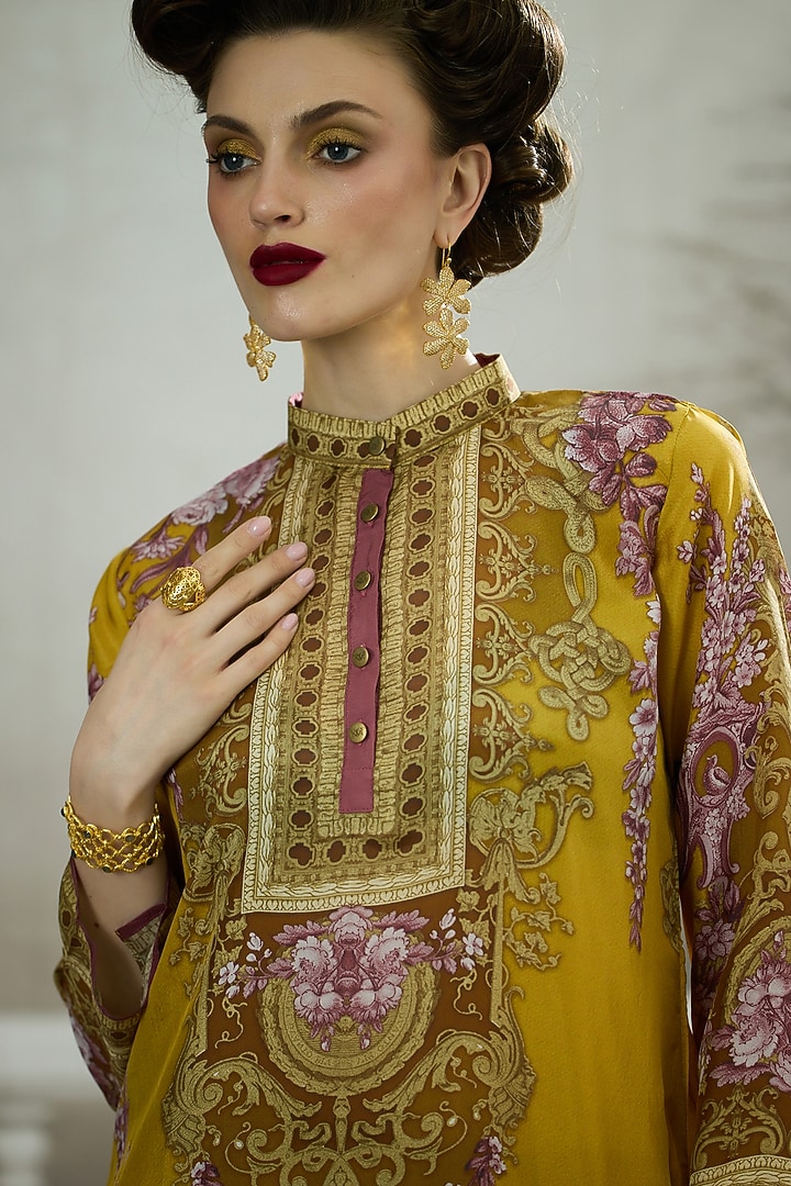 Mustard Silk Printed High-Low Tunic by Rajdeep Ranawat at Pernia's Pop Up Shop