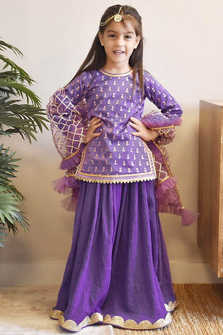 Purple Cotton Crinkle Lehenga Set For Girls by Fayon Kids at Pernia's Pop Up Shop