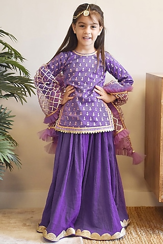 Purple Cotton Crinkle Lehenga Set For Girls by Fayon Kids