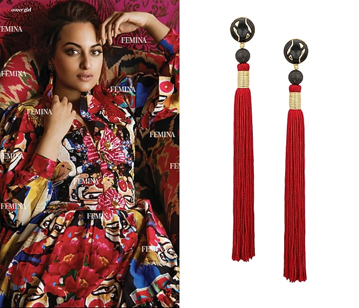 Gold plated black stone and red silk tassel earrings available only at Pernia's Pop Up Shop.