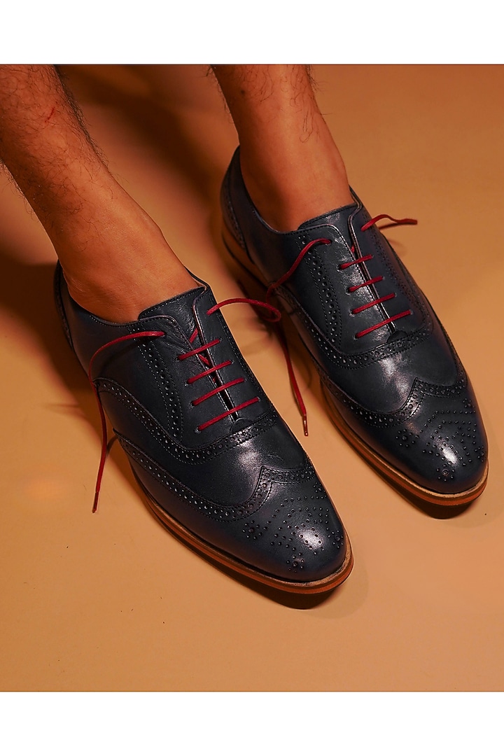Blue Leather Wing-Tip Oxford Brogues by Dmodot at Pernia's Pop Up Shop