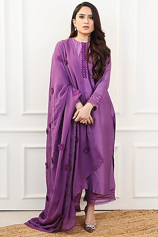 Purple Embellished Kurta Set by DOHR INDIA
