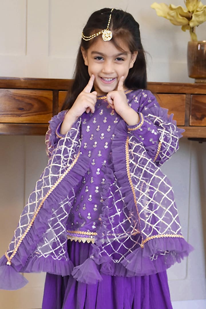 Purple Cotton Crinkle Lehenga Set For Girls by Fayon Kids at Pernia's Pop Up Shop