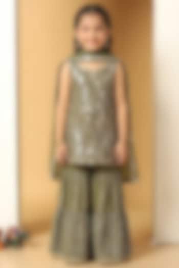 Green Chinon Chiffon Sequins Work Sharara Set For Girls by MeenaGurnam Kids at Pernia's Pop Up Shop
