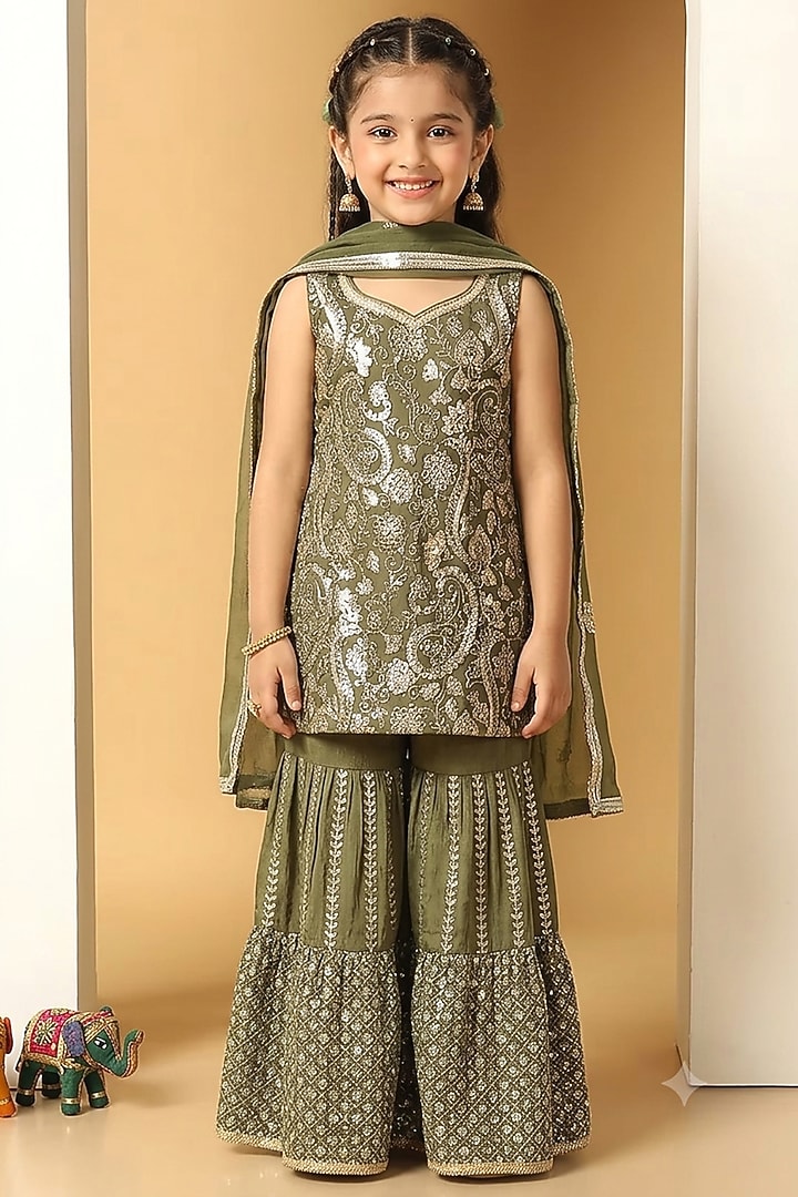 Green Chinon Chiffon Sequins Work Sharara Set For Girls by MeenaGurnam Kids at Pernia's Pop Up Shop
