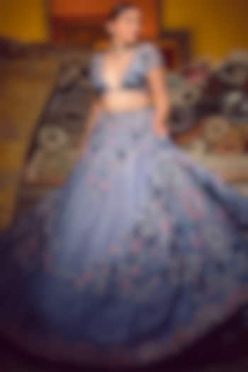 Blue Ombre Organza Embroidered Wedding Lehenga Set by AWIGNA BY VARSHA & RITTU at Pernia's Pop Up Shop