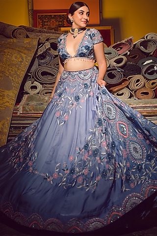 Blue Ombre Organza Embroidered Lehenga Set by AWIGNA BY VARSHA & RITTU