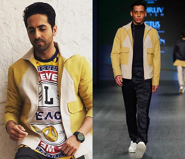 Yellow Buff Color Blocked Jacket by Dhruv Vaish at Pernia's Pop Up Shop