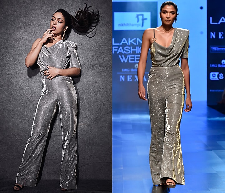 Silver One Shoulder Draped Shimmery Jumpsuit by Nikhil Thampi at Pernia's Pop Up Shop