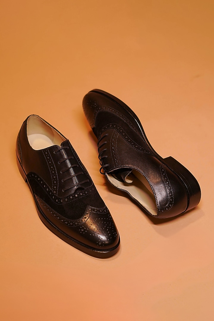 Black Full Grain Crust Leather Handcrafted Oxford Brogues by Dmodot at Pernia's Pop Up Shop