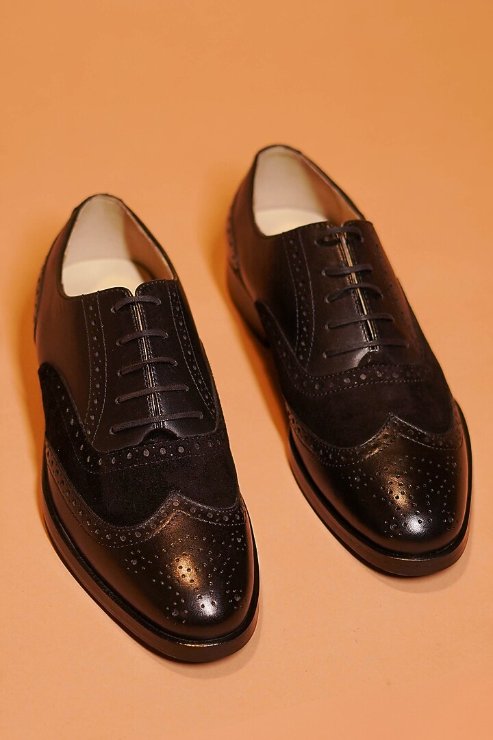 Black Full Grain Crust Leather Handcrafted Oxford Brogues by Dmodot at Pernia's Pop Up Shop
